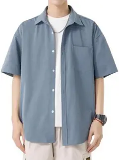 しわ加工 半袖シャツ L スモークブルー　メンズ 涼しい 夏服 シンプル 無地のサムネイル