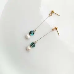淡水パール×チェコラウンドピアスイヤリング　ハンドメイド
