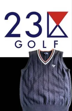 【美品】23区ゴルフ　ゴルフウェア　かぎ編みVネックニット　ネイビー　Ｌのサムネイル