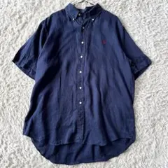 美品　ラルフローレン　麻100％　半袖　シャツ　ホース刺繍ロゴ　ネイビー　XL