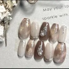 30. ネイルチップ バレリーナ 天然石 ニュアンス 大理石 ブラウン ミラー