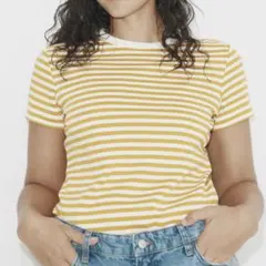 H&M 細ボーダーコットンTシャツ イエローオレンジ ストライプ トップスのサムネイル