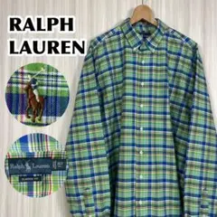 ☆美品☆大きいサイズ☆ラルフ ターンチェック BDシャツ グリーン カラーポニー