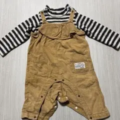 BREEZEベージュ ストライプ柄 オーバーオール風ロンパース 80cm
