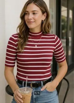 レディース ボーダーTシャツ 赤白 モックネック S レッド