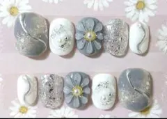 ネイルチップNo,482 ぷっくりお花 ニュアンスネイル❁グレー