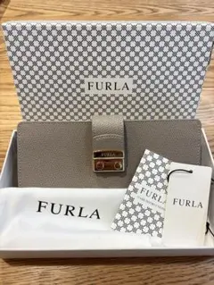 FURLA グレー レザー 長財布 保存袋、箱、タグ付き