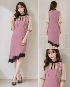 dazzy storeピンクレース シアー袖 キャバドレスミニドレスM カップ付