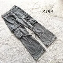 i2【ザラ】デニムカーゴフレアパンツ　グレー　34 ポケット　Y2K 希少