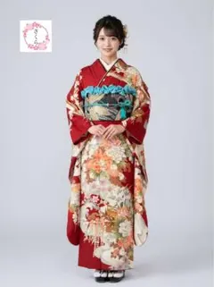 振袖フルセット　赤/白・牡丹に鴛鴦柄の格調高いお振袖　正絹