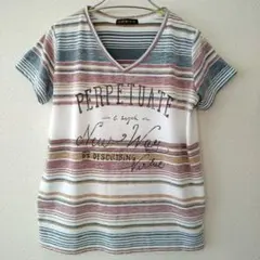 GORGE Vネック 半袖Tシャツ マルチボーダー ロゴプリント Fサイズのサムネイル