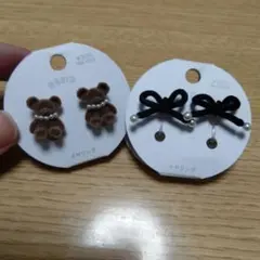 くま リボン 子供用 イヤリング 3COINS ２個セット