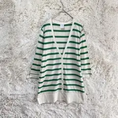 PUPULA/ボーダーカーディガン/38/7分袖 Vネック 薄手 長め丈 緑のサムネイル