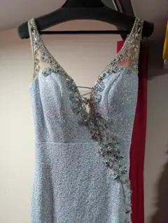 水色ビーズ刺繍スリムフィットロングドレス