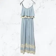 13434 セシルマクビー マキシ丈ワンピース ビジュー レース 水色 Mフリル