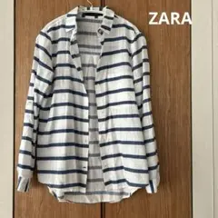 ZARA BASIC リネン風長袖シャツ ホワイト/ネイビー　コットン