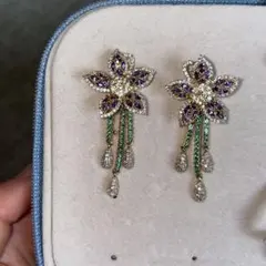 【新品】キュービックジルコニア 紫花ピアス タッセル付 結婚式 パーティー