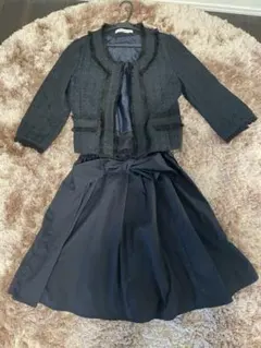 フォーマルスーツ ツイード ノーカラー ウエストリボン ネイビー M