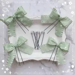 ヘアメ/リボンセット 緑 フリルリボン