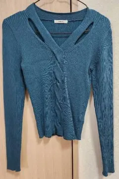 MIURUA ブルー Vネック 長袖セーター