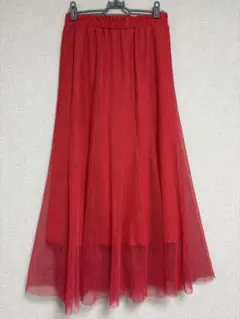 赤 チュール素材 フレアロングスカート