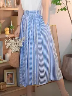 青と白のストライプ プリーツロングスカート