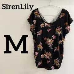 SirenLily【M】ブラック フラワープリント Tシャツ　ボタニカル