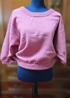 ピンク ニットセーター 長袖 クルーネックラグラン七分袖オーダーメイド品