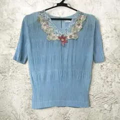 花柄 レース刺繍 半袖カットソー プリーツ加工 フェミニン 레트로 韓国製