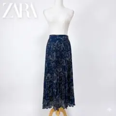美品 ZARA ザラ ドット柄 プリーツスカート ロング丈 ネイビー L