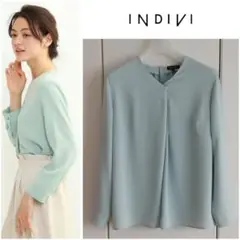 INDIVI 洗える UVケア とろみ ドレープ Vネック 長袖 ブラウス 36