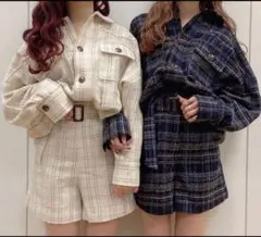ツイードチェックロングシャツ＆ツイードチェックベルトツキショートパンツ