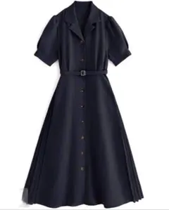 GRL ベルト付きサイドプリーツフレアワンピース　ネイビー　Lサイズ