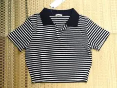 GU ネイビー/ホワイトボーダー クロップドTシャツ M