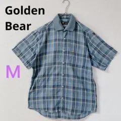 【ゴールデンベア】Golden Bear 半袖シャツ 青系チェック　コットン　M