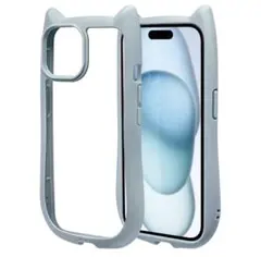 iPhone15 14 13 共用 猫耳 TPUバンパーケース スモーキーブルー