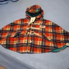 Branshes フリースポンチョ オレンジ系チェック