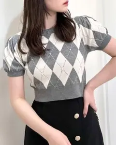 INGNI アーガイル柄ラインストーン半袖ニット
