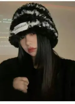 ふわふわ 冬 黒 ユニセックス カジュアル ニット帽 【大人気】帽子 ツートン