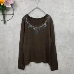 CLERMONT Tシャツ カットソー 長袖 ラインストーン L ブラウン