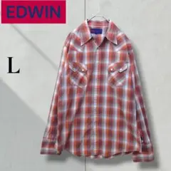 EDWIN ウエスタンシャツ オンブレチェック長袖 オレンジ Lサイズのサムネイル