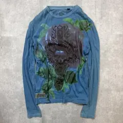 ロンT 長袖Tシャツ スカル ドクロ ローズ 薔薇 総柄 グランジ Y2K Sのサムネイル