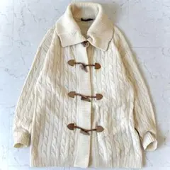 美品 ラルフローレン 大き目カシミヤ混ウール レザー ケーブル編み カーディガン