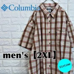 y631【Columbia】刺繍ロゴ半袖シャツ【メンズ2XL】チェック柄