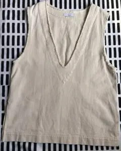 US コットン フリンジ深 Vベスト アイボリー　DISCOAT