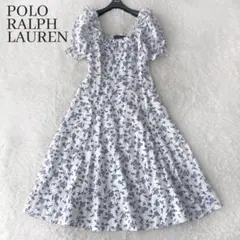 美品 ポロラルフローレン ワンピース ロング フレア 花柄 白 青 リネン L
