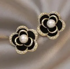 可愛いお花パールピアス黒ゴールドブラックブランドハンドメイド調結婚式ヴィンテージ