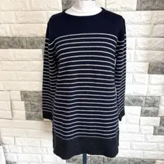 美品【DECOY 】デコイ長袖ニットチェニックL ネイビー白ボーダーウール混