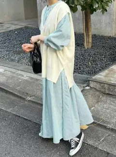 新品タグ【ディスコート】WEB限定★細ストライプ総柄ボリュームギャザーワンピース