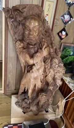 木彫りの岩上双虎 虎2頭 置物 立体彫刻 骨董品 高さ約66cm - メルカリ